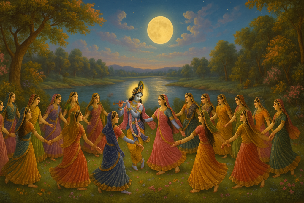 रासलीला: आत्मा और परमात्मा के दिव्य प्रेम की लीला Realistic depiction of Raaslila in Satyug, featuring Lord Krishna playing his flute amidst Gopis dancing joyfully under a radiant full moon, set in a serene Vrindavan landscape with blooming trees, the Yamuna river, and a blissful divine atmosphere—capturing the spiritual essence of the Bhagavata Purana.