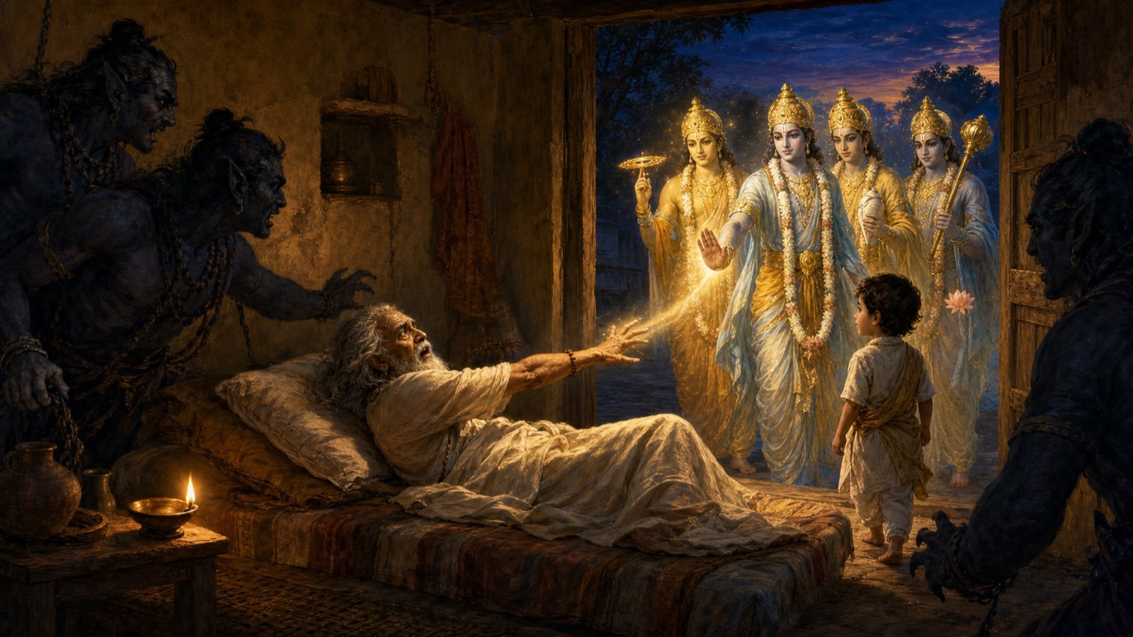 The Vishnudutas protect the elderly Ajamila after he calls to his young son Narayana while the Yamadutas wait in shadow
