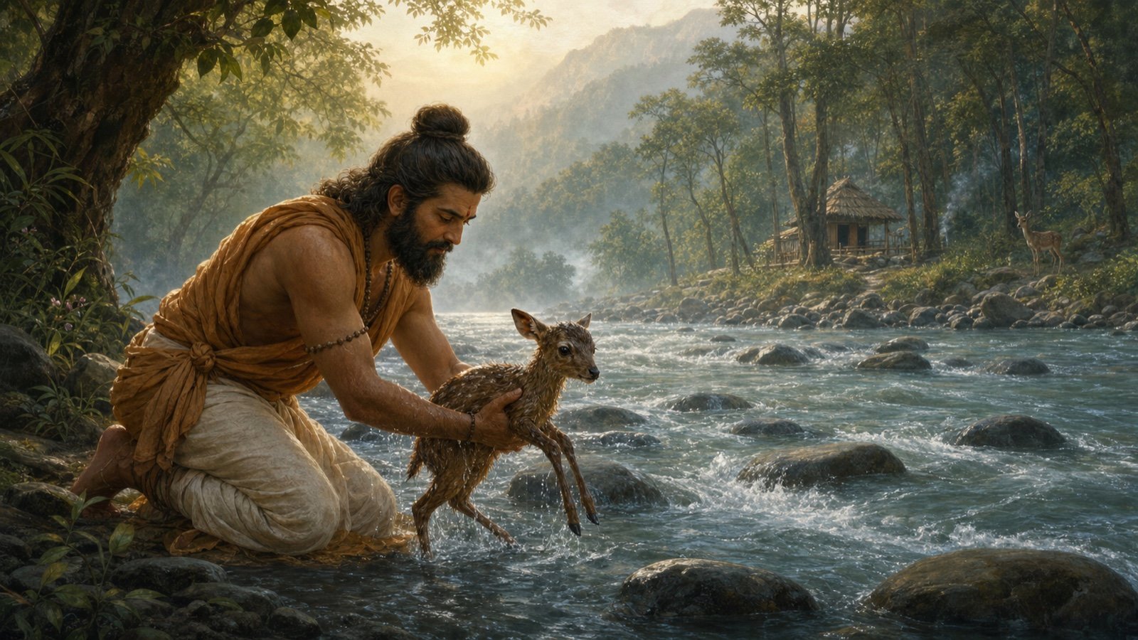 King Bharata rescues a newborn orphaned fawn from the flowing Gandaki River near his forest hermitage