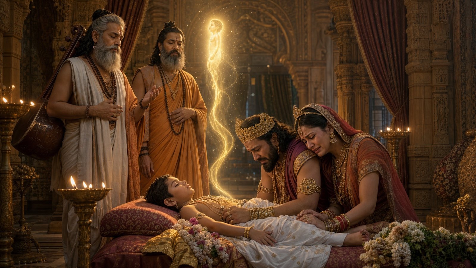 King Chitraketu and queen receive wisdom from Narada and Angira as the child’s soul rises