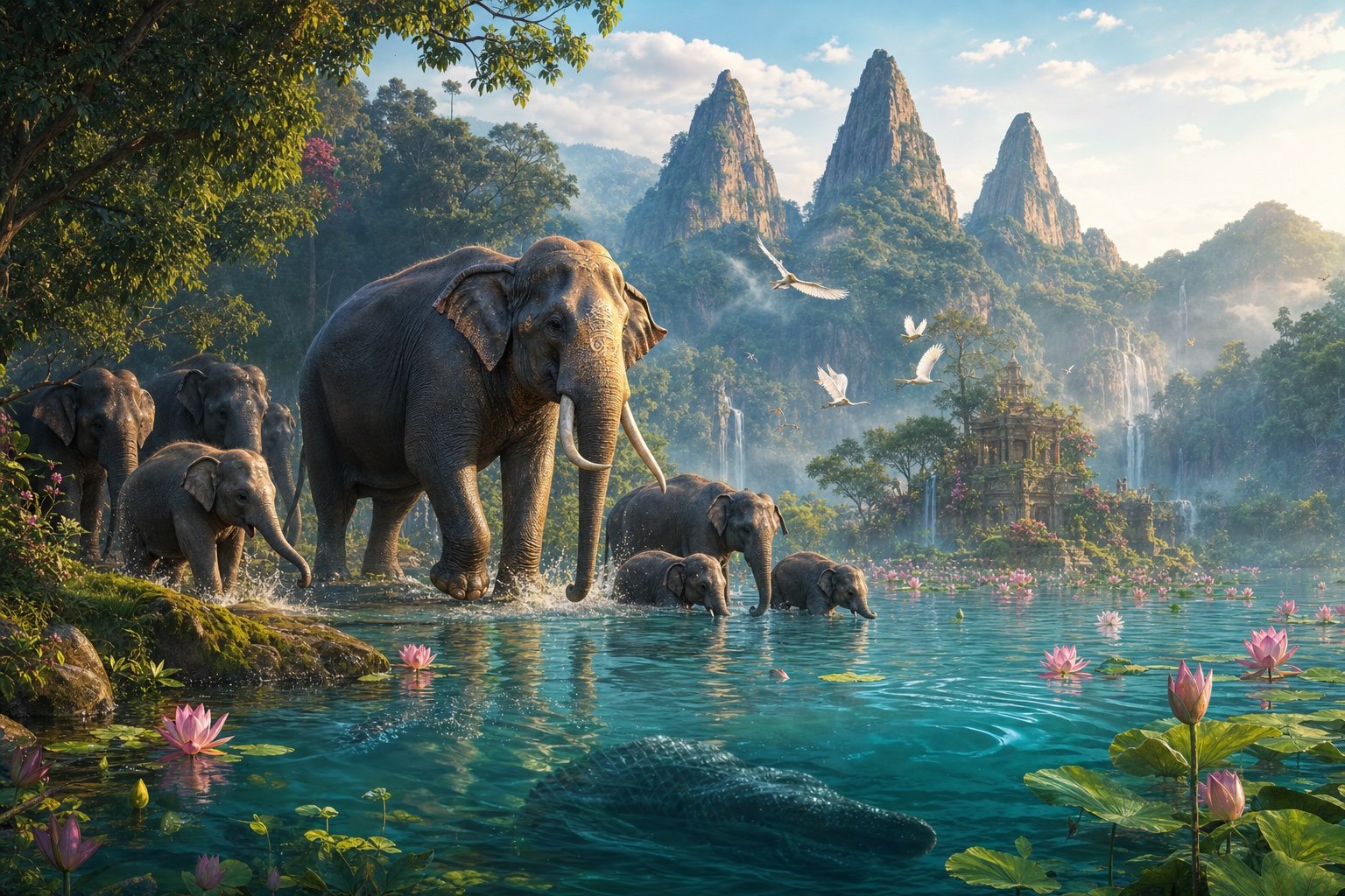 Gajendra leads his elephant herd into a peaceful lotus lake while a crocodile waits unseen below