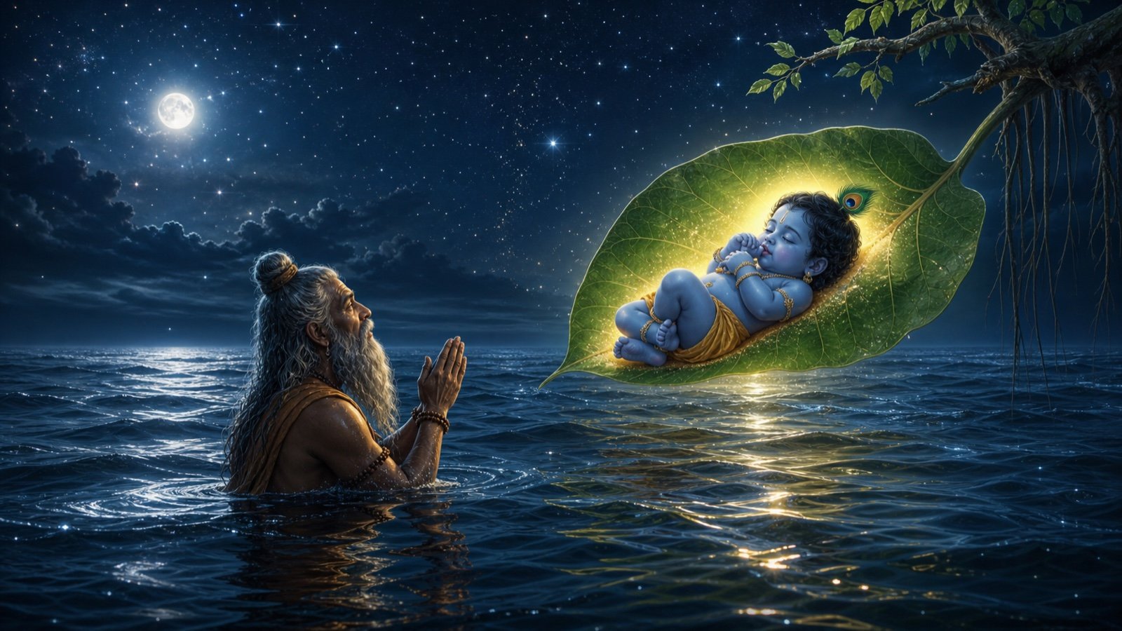 Markandeya and the Child on the Banyan Leaf — original Bhagavata story artwork