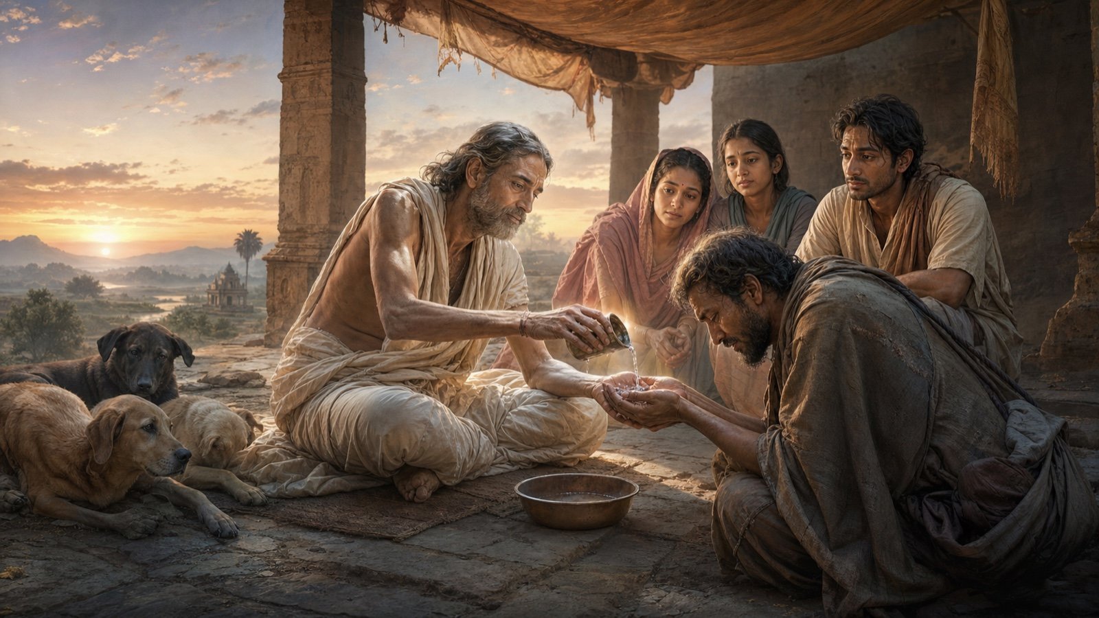 King Rantideva gives his final cup of water to an exhausted traveler while his family and hungry dogs look on