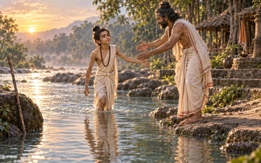 Ashtavakra emerging from the Samanga River as his father Kahoda welcomes him