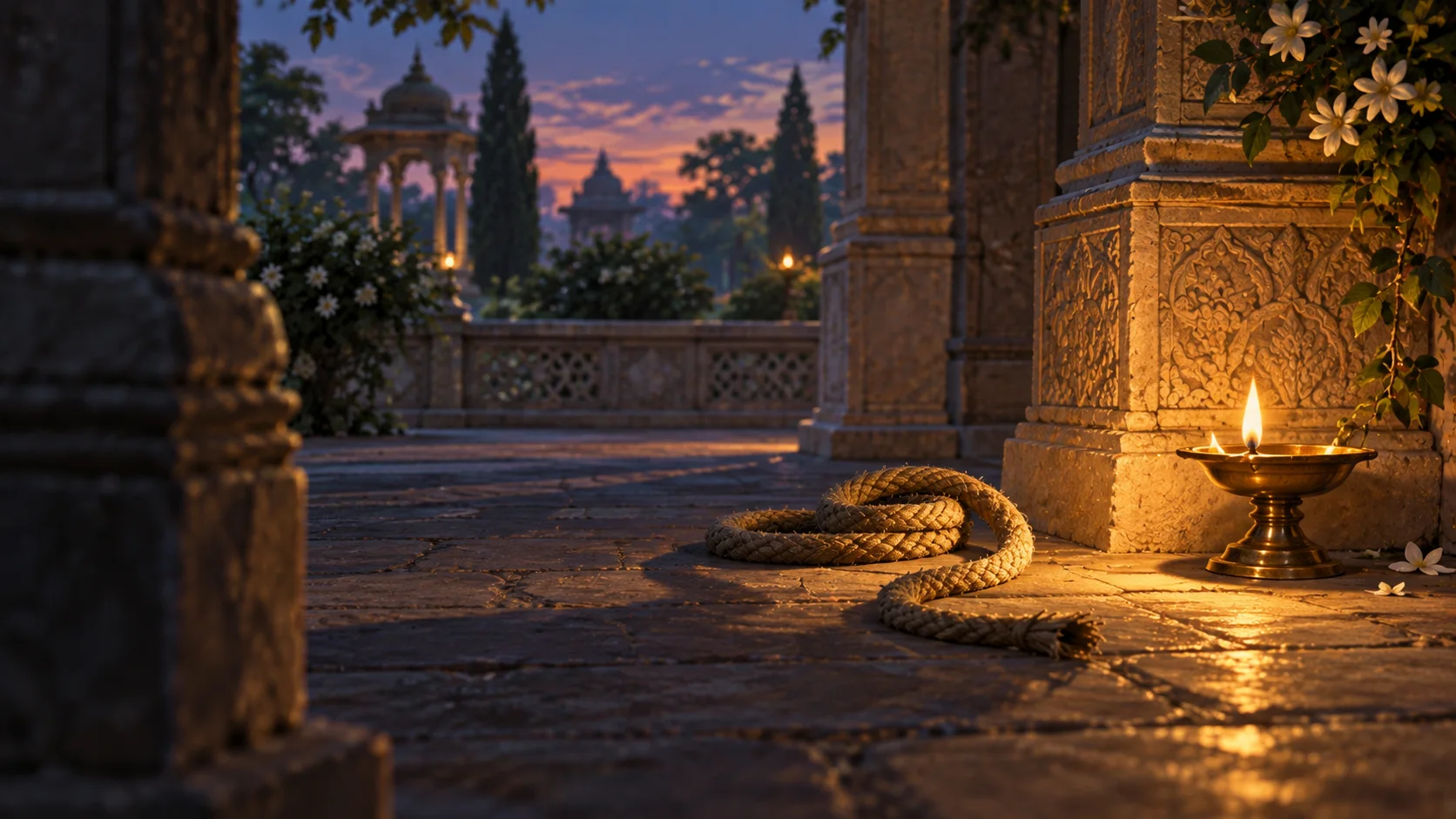 A coiled rope revealed by lamplight in a palace passage