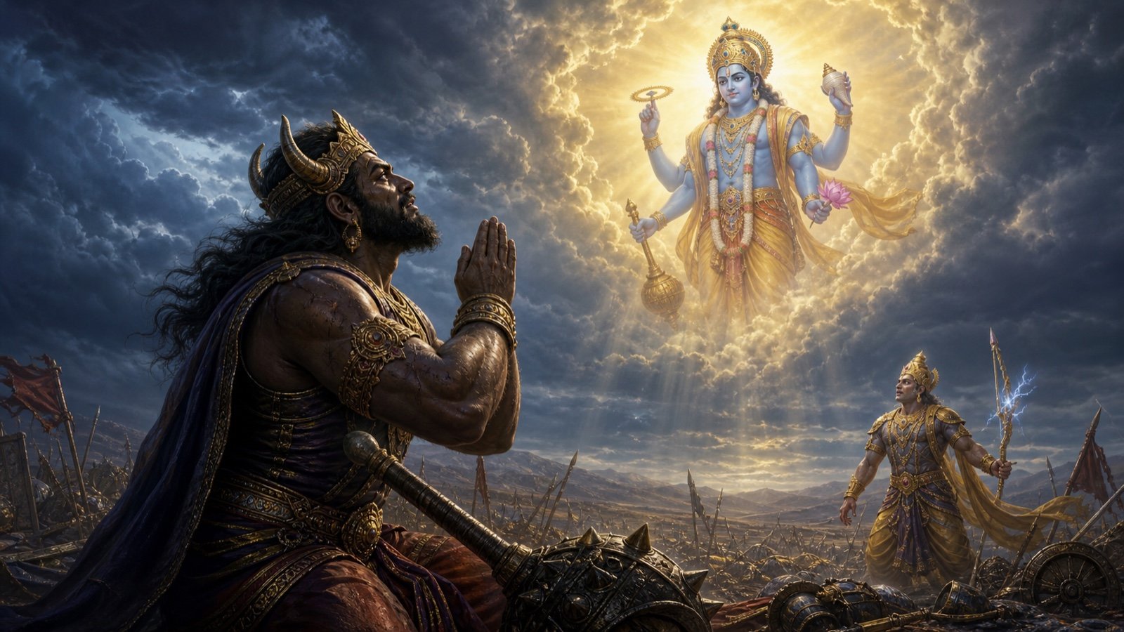 Vritrasura praying to Lord Vishnu on the battlefield