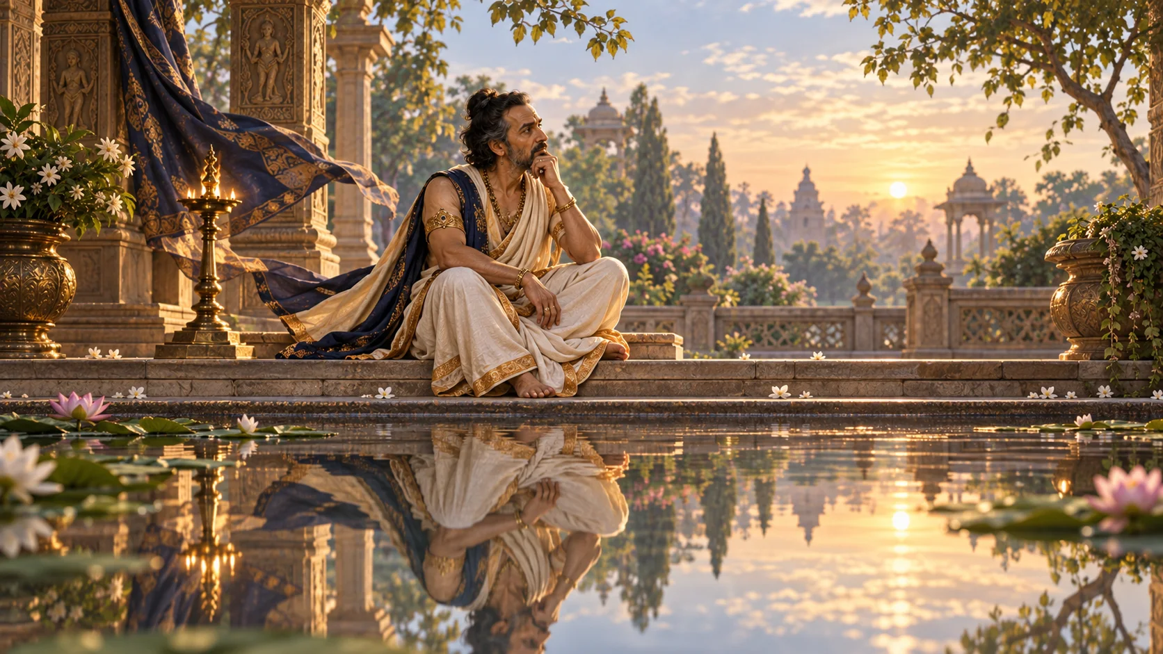 King Janaka contemplating beside a still pool, representing the witness beyond the five elements