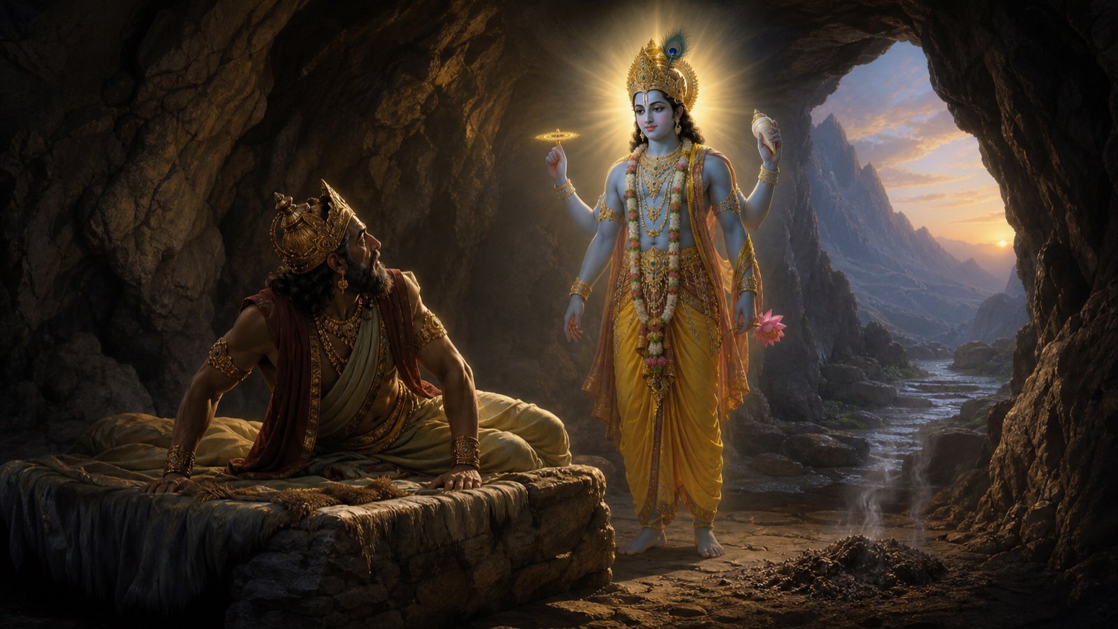 Muchukunda Awakens in the Cave — original Bhagavata story artwork
